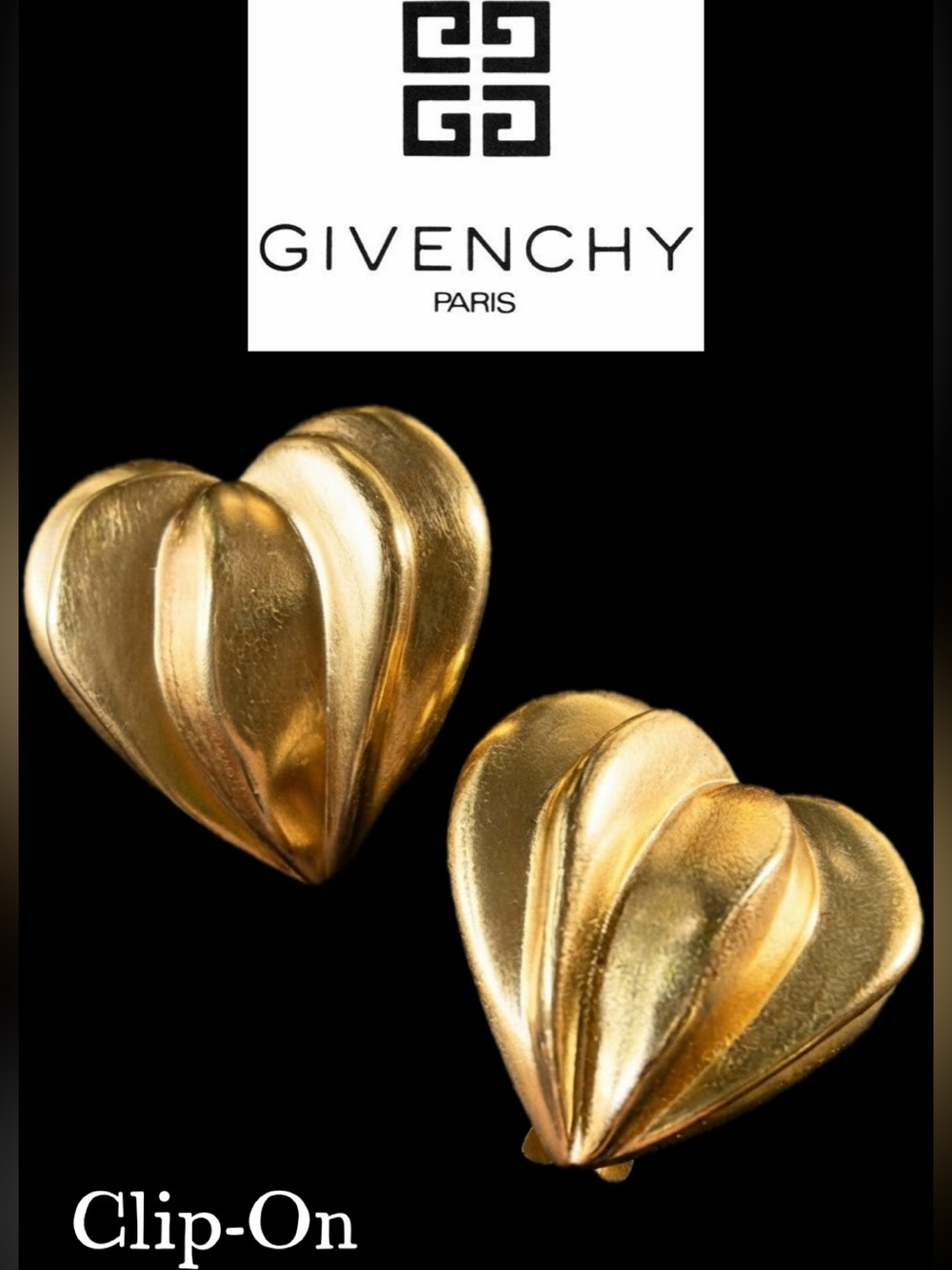 Givenchy Gold Ribbed Puffed Heart Earrings✨CLIP ON✨SIGNED✨Classic Vintage Style